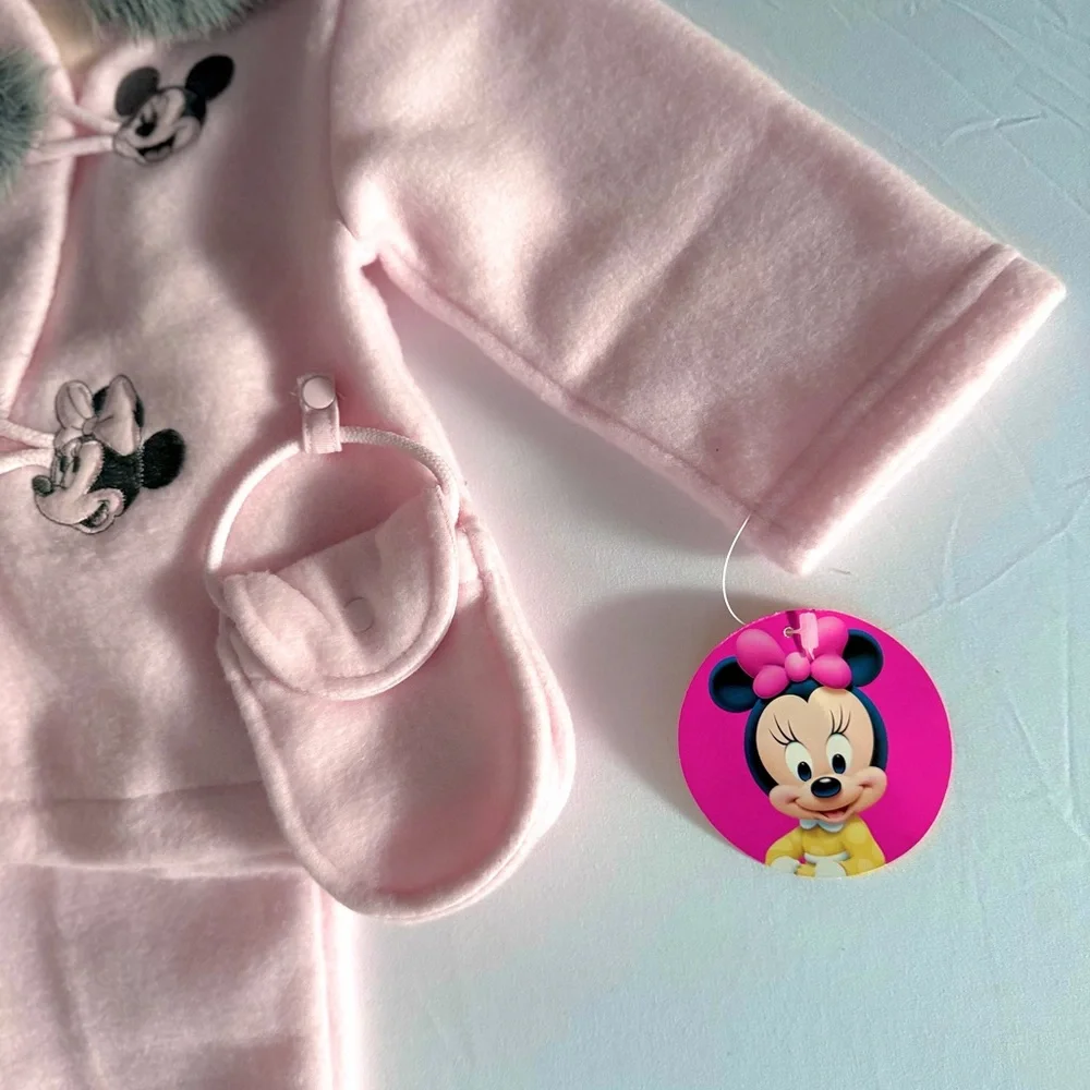 Vintage Y2K‎ Disney Baby Mickey Minnie Pink Fleece Set Faux Fur Coat Pants 12M